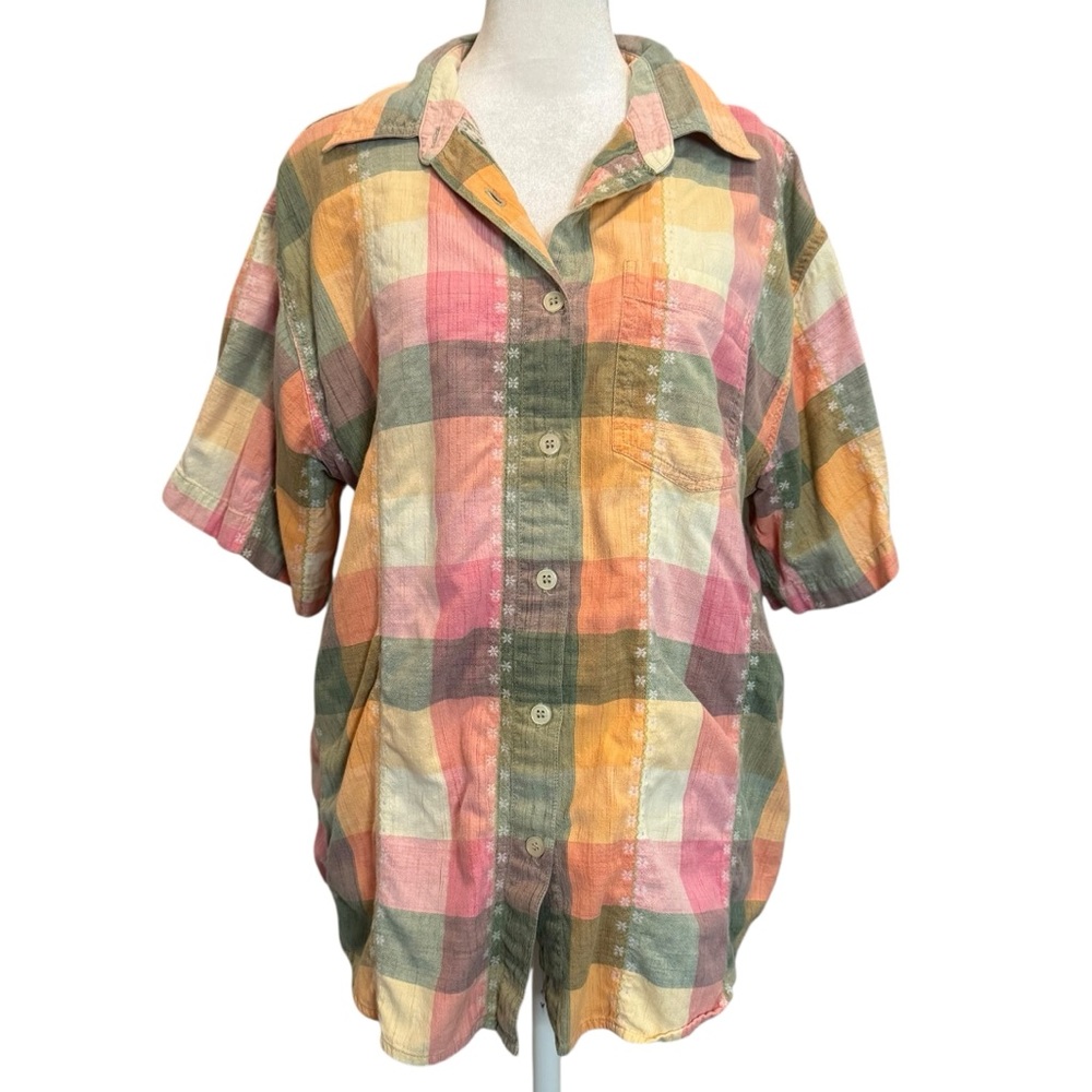 Angelique Vintage Shirt Size L Pastel Check Short Sleeve Cotton Blend